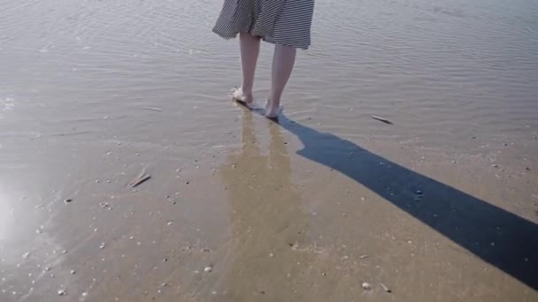 一个穿着流线型衣服的女人在一个多风的晴天进入大海 海滩上凉爽而阳光明媚的一天 在海滩上拍的女人的面色 高质量的4K镜头 — 图库视频影像
