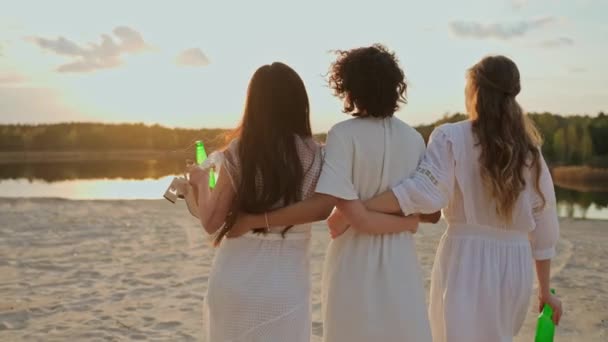 一群女性朋友在日落时在湖滨散步 美丽的人在日落时在湖边举行聚会 从走在女人后面开枪的高质量的4K镜头 — 图库视频影像