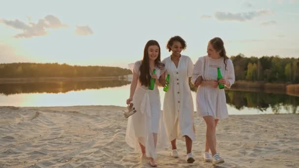 一群女性朋友在湖边玩得很开心 走着和拥抱喝酒的女人 人们在日落时在湖边举行聚会 高质量的4K镜头 — 图库视频影像