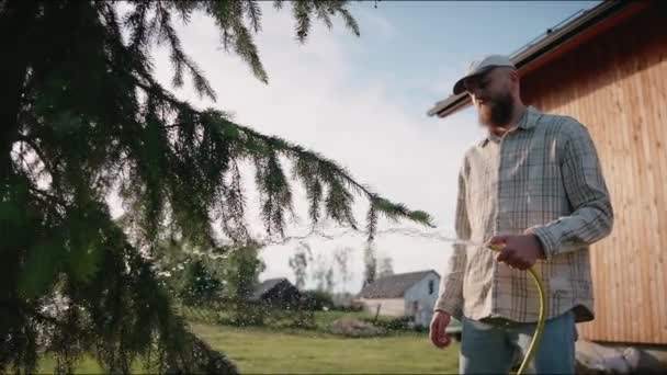 Hombre Riega Plantas Árboles Con Una Manguera Atardecer Verano Patio — Vídeos de Stock