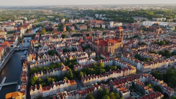 Camera Flies Old City Center Denmark Aerial Shot Red Roof — Stockvideo