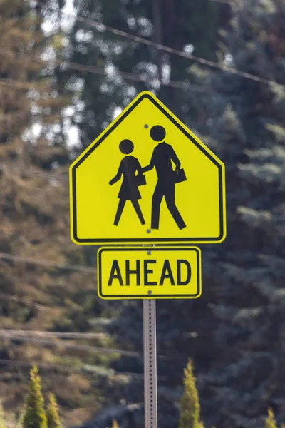 School crossing ahead yellow traffic sign in forest — Stock Photo, Image