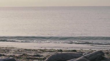 Hafif kumsal manzarası, üzerinde küçük dalgalar akan.