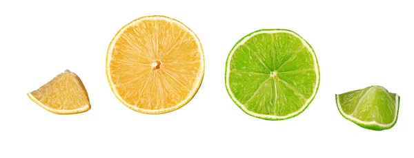 Runde Und Dreieckige Scheiben Zitrone Und Limette Isoliert Auf Weißem — Stockfoto