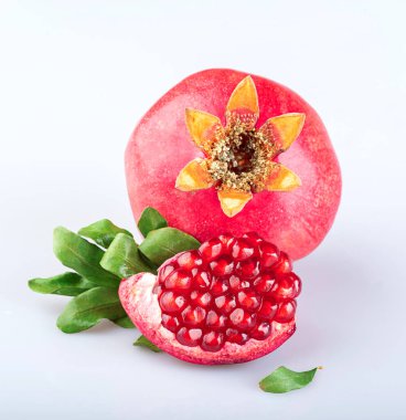 Taçlı bir nar, tahıllı bir parça nar ve beyaz bir zemin üzerinde izole edilmiş bir nar ağacından bir dal.