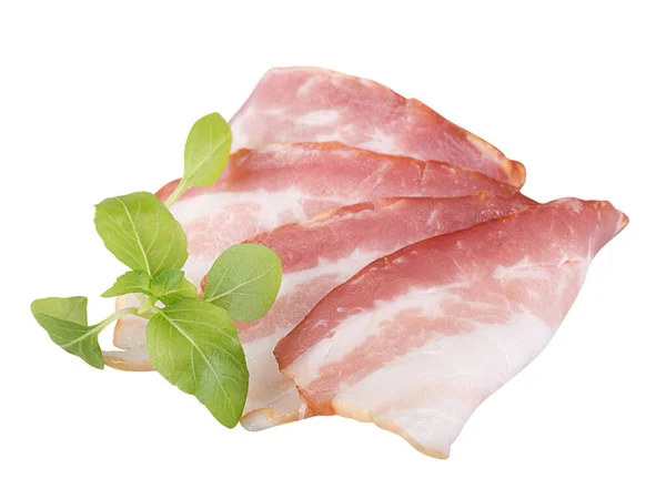 Slices Raw Bacon Sprig Fresh Basil Isolated White Background — стоковое фото