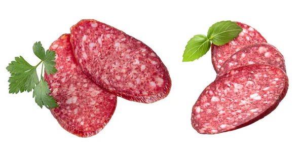 Slices Smoked Sausage Fresh Herbs Isolated White Background — Stok fotoğraf