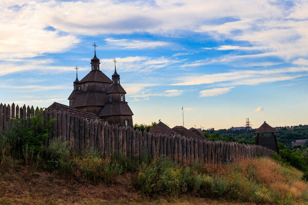 Medieval wooden Zaporozhian Sich on Khortytsia island in Zaporizhia, Ukraine