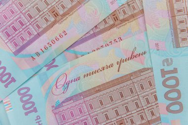 Ukrayna para birimi. Bin Hryvnia banknotunun arkaplanı