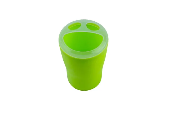 Vaso Precipitados Plástico Verde Para Cepillos Dientes Aislados Sobre Fondo — Foto de Stock