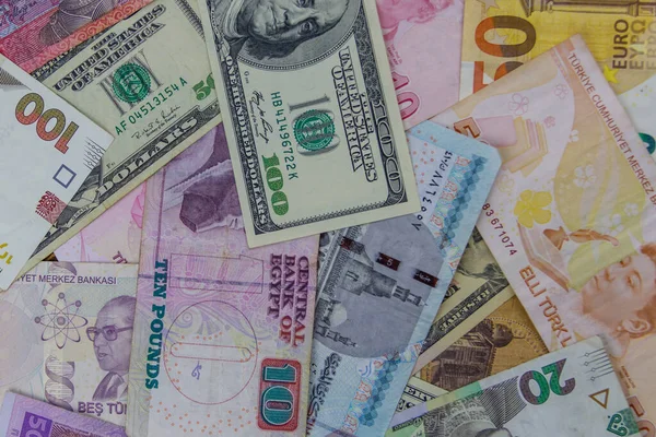 Víceúčelové Pozadí Amerických Dolarů Eur Tureckých Lir Egyptských Liber Ukrajinských — Stock fotografie