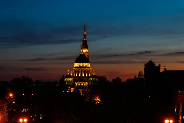 View Illuminated Annunciation Cathedral Night Kharkov Ukraine — Stock Photo, Image