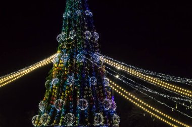Geceleyin çok renkli ışıklarla süslenmiş Noel ağacı
