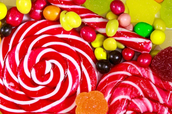 Background Colorful Chocolate Candies Lollipops Candy Cane Jelly Sweets — Stock Photo, Image