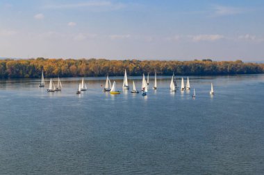 Kremenchug, Ukrayna 'daki Dinyeper Nehri' ndeki yelkenli yarışlarında yatlar