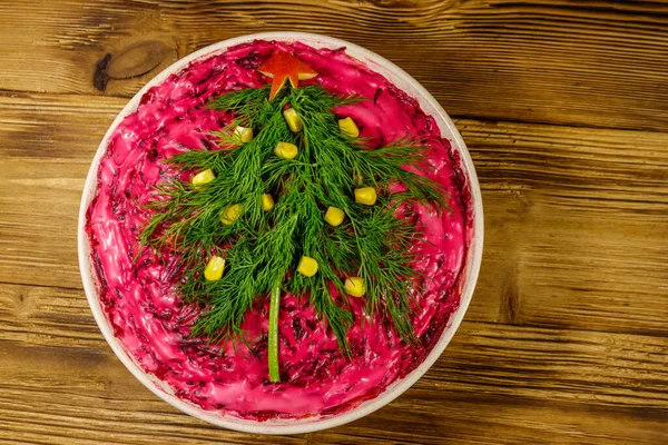 Salată Tradițională Rusă Herring Sub Haină Blană Shuba Masă Lemn — Fotografie, imagine de stoc