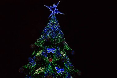 Geceleyin çok renkli ışıklarla süslenmiş Noel ağacı