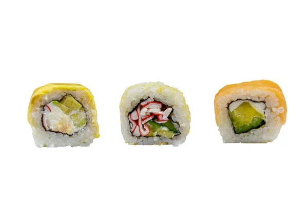 Tři Různé Sushi Role Izolované Bílém Pozadí — Stock fotografie