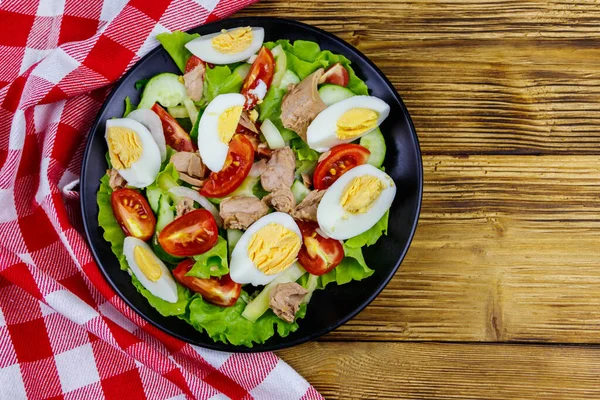 Tasty Tuna Salad Eggs Lettuce Fresh Vegetables Wooden Table Top — Stock Photo, Image