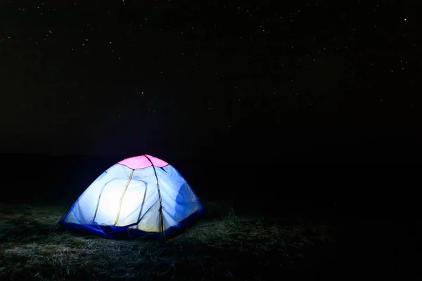 Illuminated Blue Tent Night Starry Sky Traveling Camping Concept — Stock Photo, Image