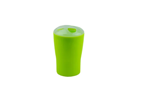Grüner Plastikbecher Für Zahnbürsten Isoliert Auf Weißem Hintergrund — Stockfoto