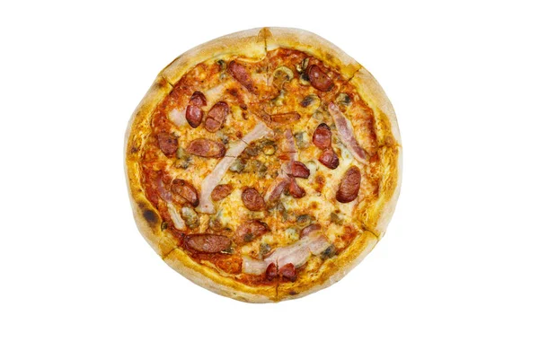 Lahodná Čerstvá Pizza Klobásou Houbami Sýrem Izolované Bílém Pozadí — Stock fotografie