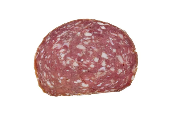 Fatia Salsicha Salame Isolada Fundo Branco — Fotografia de Stock