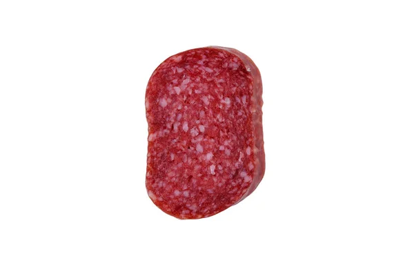 Fatia Salsicha Salame Isolada Fundo Branco — Fotografia de Stock