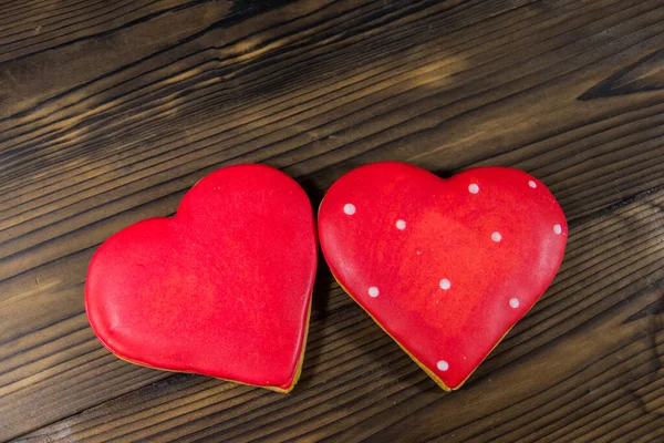 Hjerteformede Cookies Til Valentinsdag Træbord Top Visning Kopieringsplads - Stock-foto