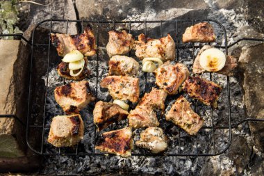 Izgarada domuz eti kızartılıyor. Kömürde et, barbekü yakın.