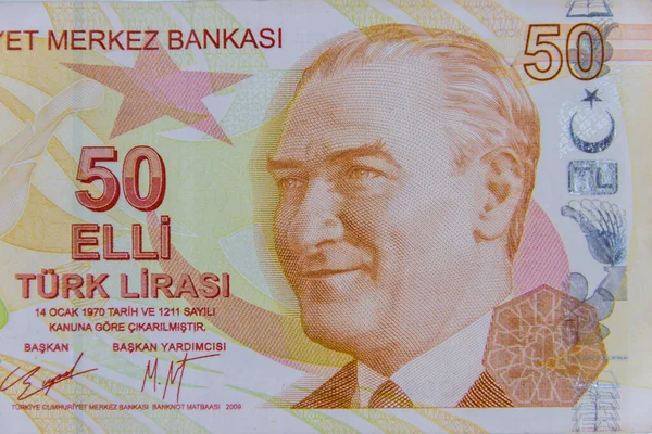 Macro Shot Van Het Vijftig Turkse Lira Bankbiljet — Stockfoto