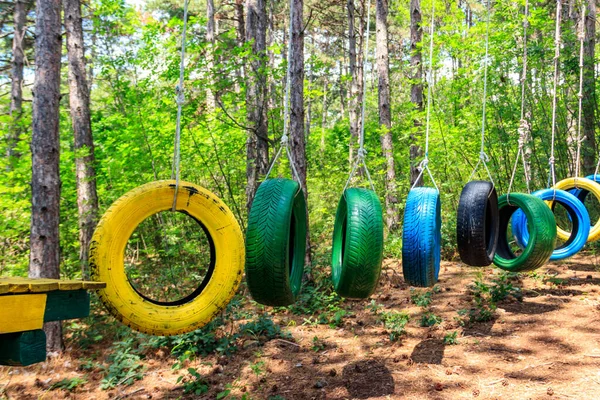 Vecchi Pneumatici Auto Dipinte Sospese Tra Gli Alberi Parco Corda — Foto Stock