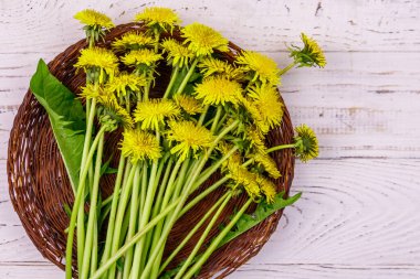 Hasır sepetteki sarı karahindiba çiçekleri beyaz ahşap arka planda. Üst görünüm