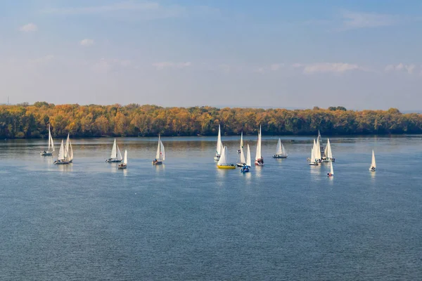 Kremenchug, Ukrayna 'daki Dinyeper Nehri' ndeki yelkenli yarışlarında yatlar