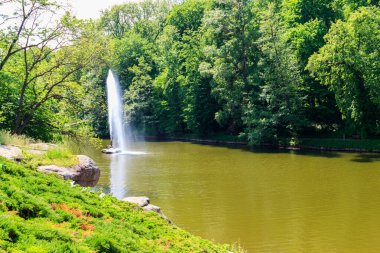 Uman, Ukrayna 'daki Sofiyivka Parkı' nda Yılan Çeşmesi ile bir göl manzarası