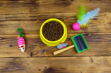 Kasede kuru kedi maması, kedi oyuncakları ve ahşap arka planda evcil hayvan fırçası. Üst Manzara. Hayvan bakımı konsepti