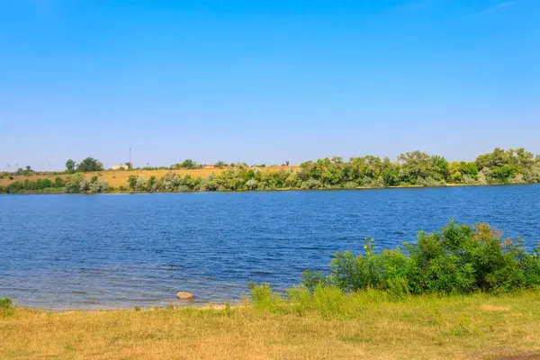 美丽的河流 绿树和蓝天的夏季风景 — 图库照片