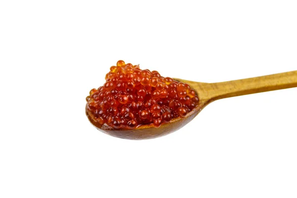Caviar Rojo Cuchara Madera Aislada Sobre Fondo Blanco — Foto de Stock