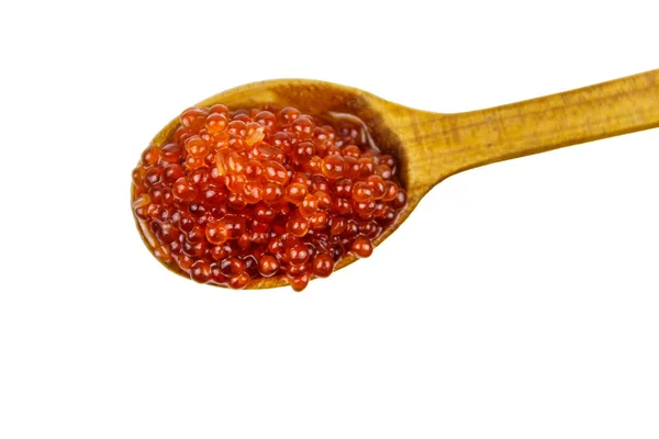 Caviar Rojo Cuchara Madera Aislada Sobre Fondo Blanco —  Fotos de Stock