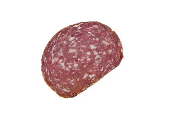 Fatia Salsicha Salame Isolada Fundo Branco — Fotografia de Stock