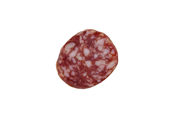 Fatia Salsicha Salame Isolada Fundo Branco — Fotografia de Stock