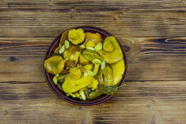 Tasty Marinated Mushrooms Wooden Table Top View — Stok fotoğraf