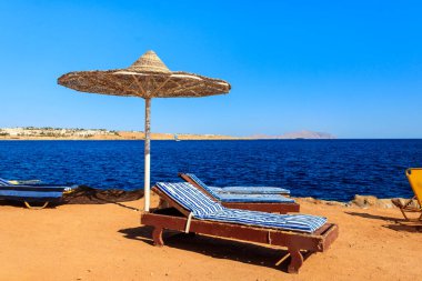 Tropik plajlarda güneş şemsiyeleri ve şezlonglar. Dinlenme, rahatlama, tatil, tatil