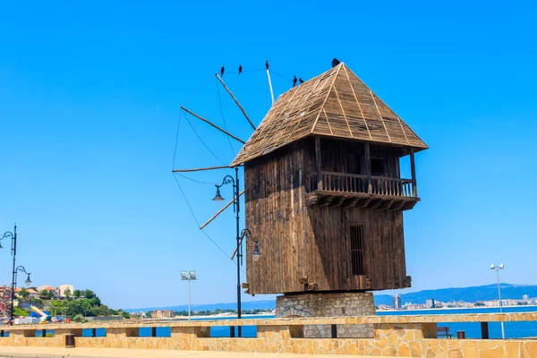 Moinho Vento Madeira Velho Cidade Velha Nessebar Bulgária — Fotografia de Stock