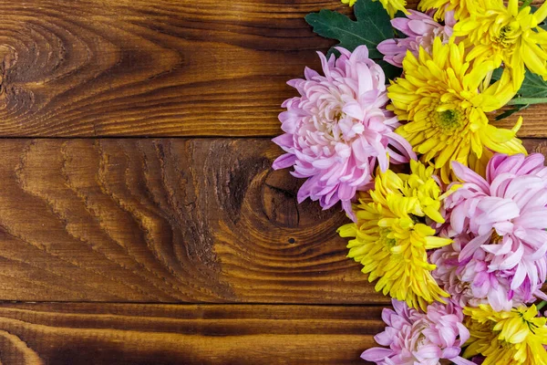 Hermosos Crisantemos Sobre Fondo Madera Vista Superior Espacio Copia — Foto de Stock