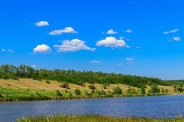 Güzel gölü olan yaz manzarası, yeşil çayırlar, tepeler, ağaçlar ve mavi gökyüzü.
