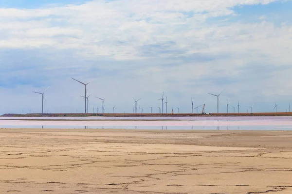 Wind Turbines Shore Pink Salty Syvash Lake Kherson Region Ukraine — Stock Photo, Image