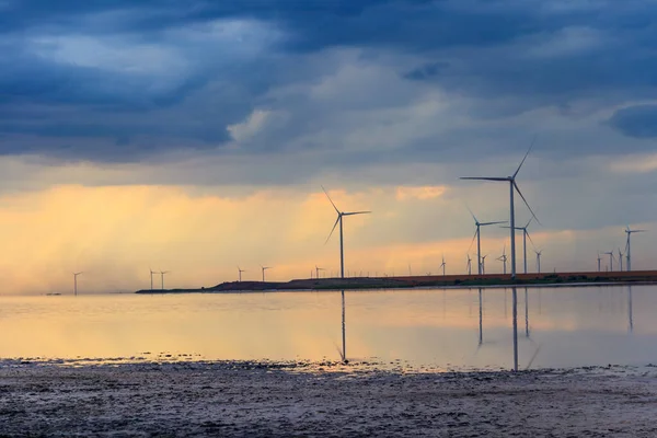 Wind Turbines Shore Pink Salty Syvash Lake Kherson Region Ukraine — Stock Photo, Image