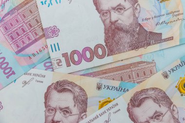 Ukrayna para birimi. Bin Hryvnia banknotunun arkaplanı
