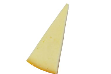 Beyaz arka planda izole edilmiş bir parça peynir. Üst görünüm